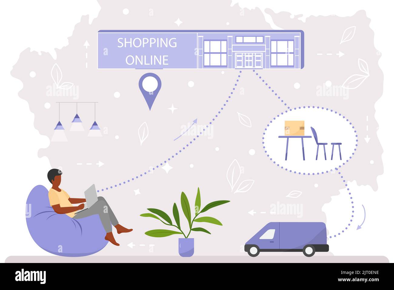 Vector illustration Man uses a website on laptop to order furniture ...
