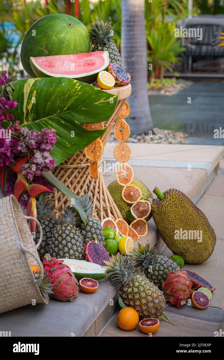 Beautifully and deliciously arranged ornamental display of selected tropical fruits at the Taste Port Douglas annual festival in Queensland, Australia. Stock Photo