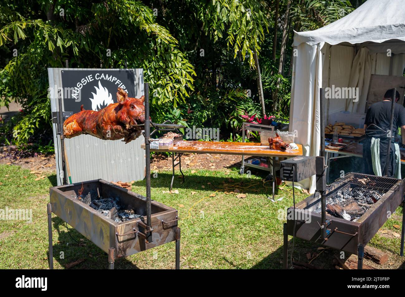 A whole succulent pig roasting on spit over a purpose-built rectangular steel fire pit at a festival in Port Douglas, Far North Queensland, Australia. Stock Photo