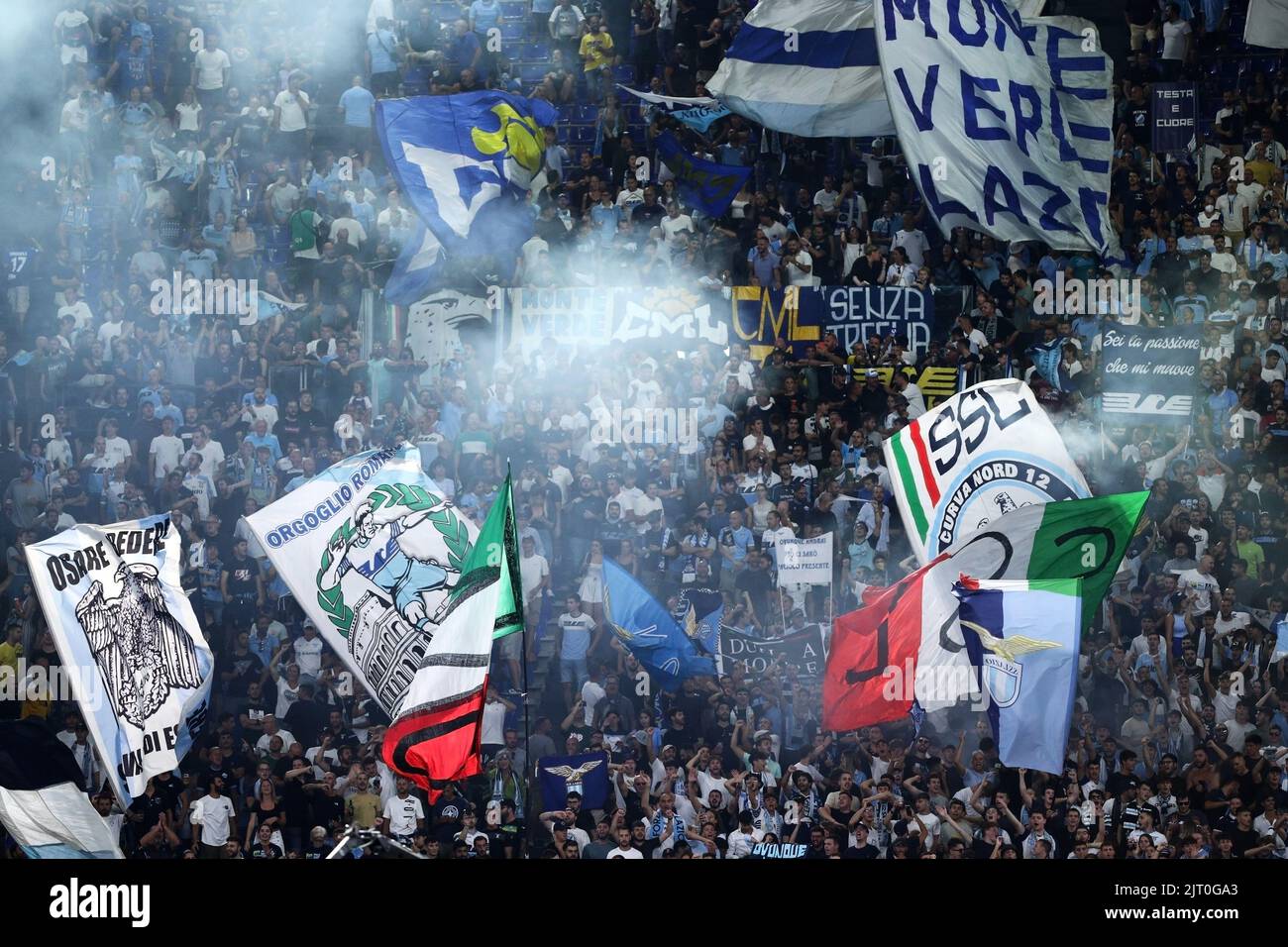 Supporters of Lazio during the Italian championship Serie A football match between SS Lazio and FC Internazionale on August 26, 2022 at Stadio Olimpico in Rome, Italy - Photo Federico Proietti / DPPI Stock Photo