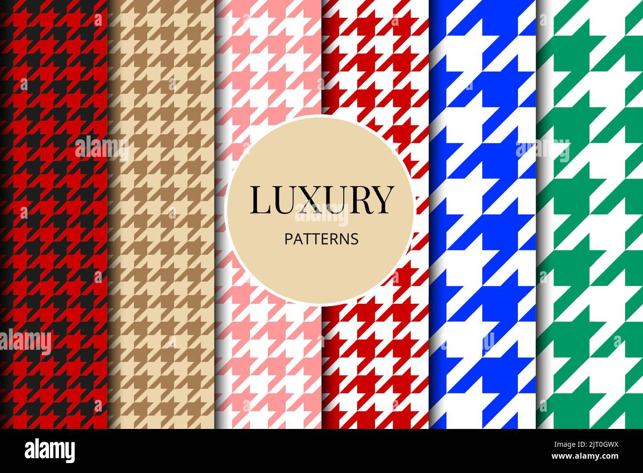 Houndstooth seamless patterns set. Fabric background. Classical checkered textile collection Stock Vector