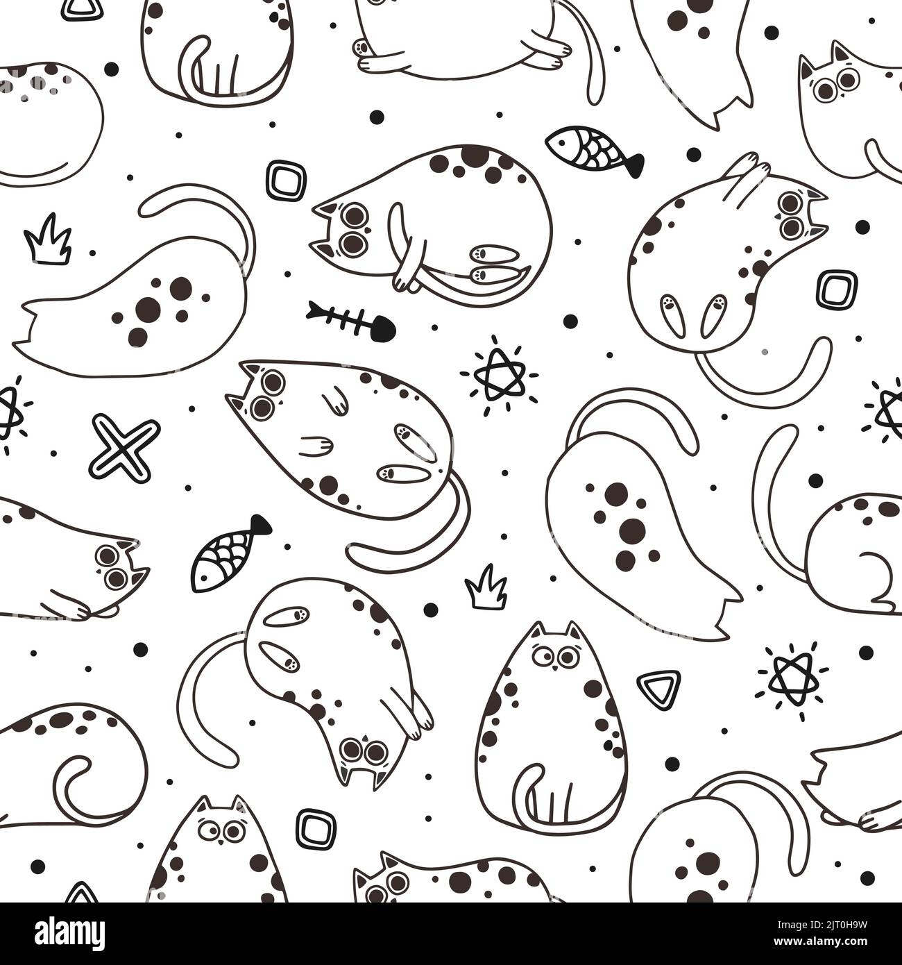 Cute Cartoon Cat Vector Icons, Seamless Pattern and Background Stock ...