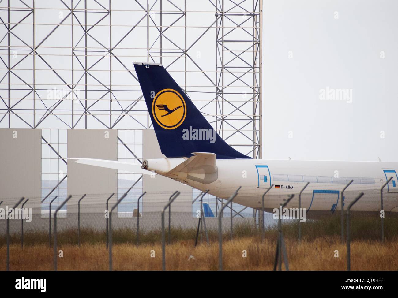 Teruel, Spain-august 25 2022:Close-up tail of lufthansa plane on runway Stock Photo