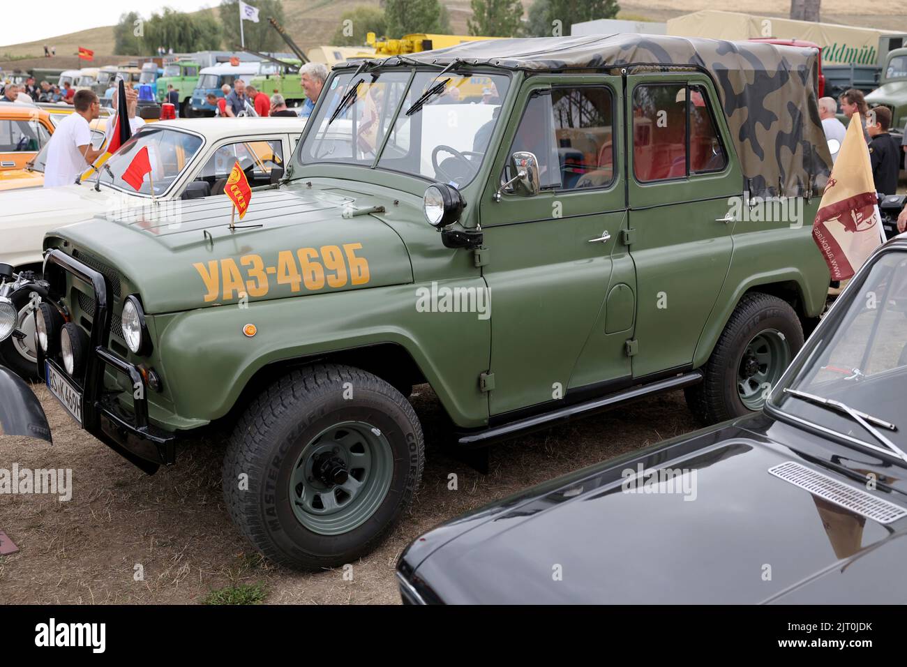 Magdeburg, Germany. 27th Aug, 2022. A Russian UAZ 9-469 off-road vehicle stands on the exhibition grounds of the 23rd Ostmobil-Meeting (OMMMA) in Elbauenpark. The organizers expect more than 1,500 historic vehicles from the GDR and Eastern European production. Credit: Peter Gercke/dpa-Zentralbild/dpa/Alamy Live News Stock Photo