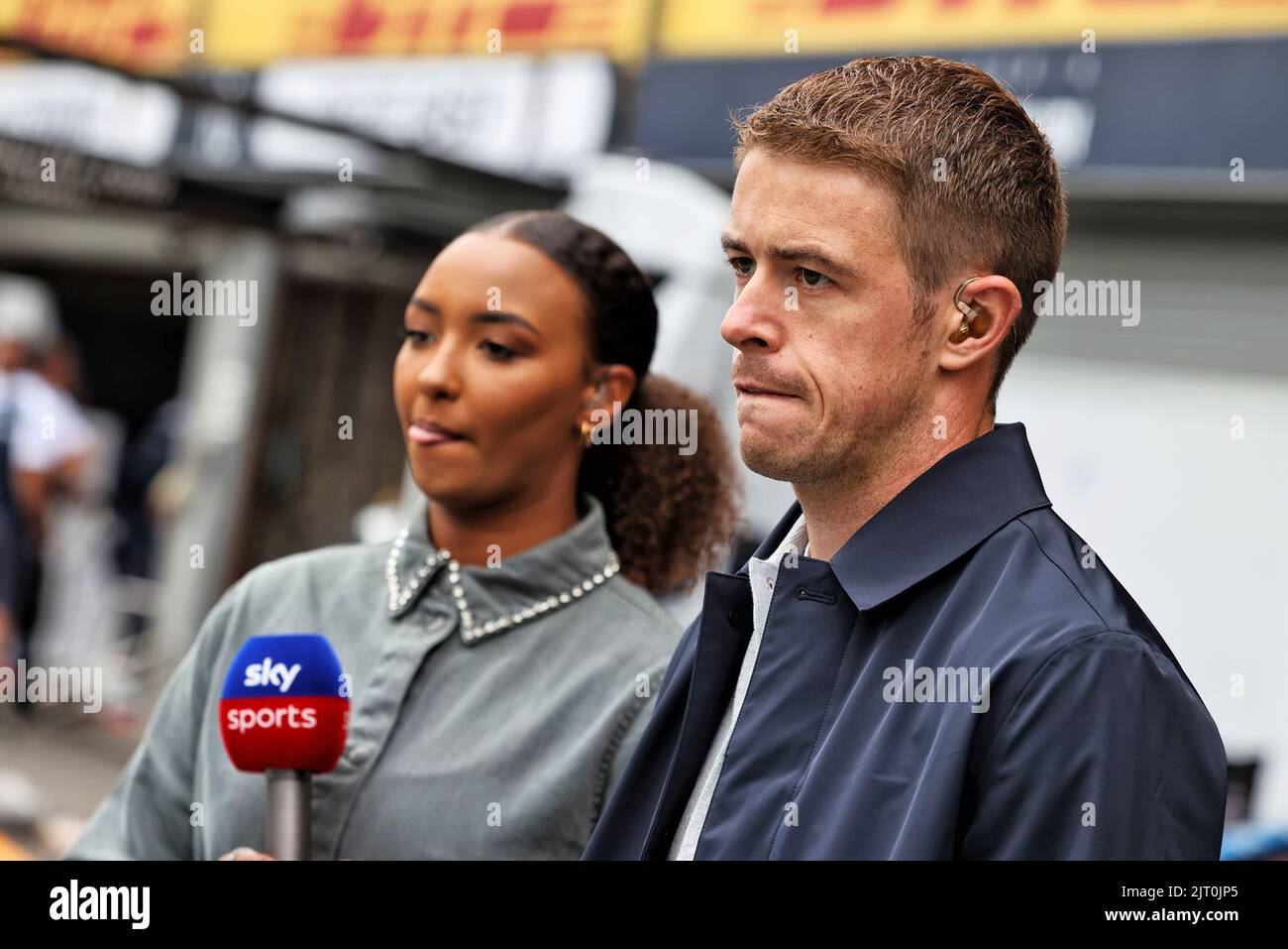 Paul di Resta (GBR) Sky Sports F1 Presenter and Naomi Schiff (RWA) / (BEL) Sky Sports F1 Presenter. Belgian Grand Prix, Saturday 27th August 2022. Spa-Francorchamps, Belgium. Stock Photo