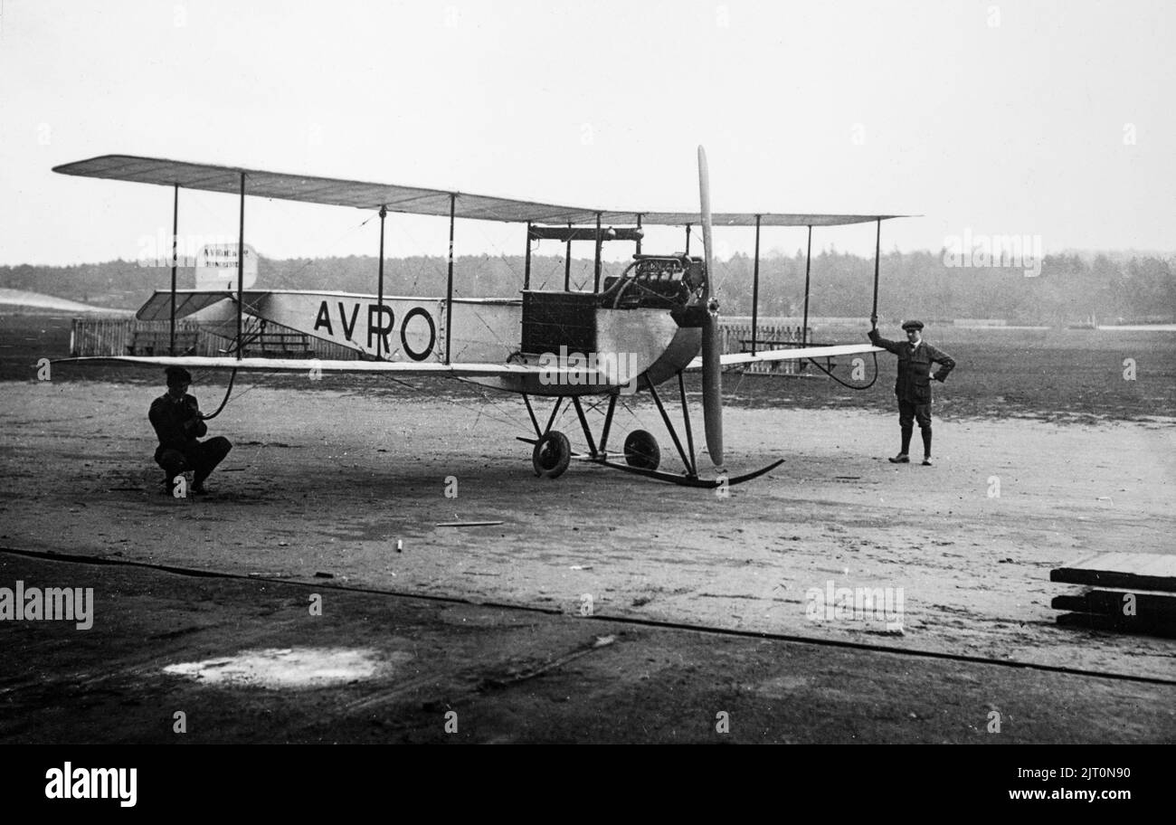 An early 20th century British black and white photograph showing an Avro Type D Biplane. Stock Photo