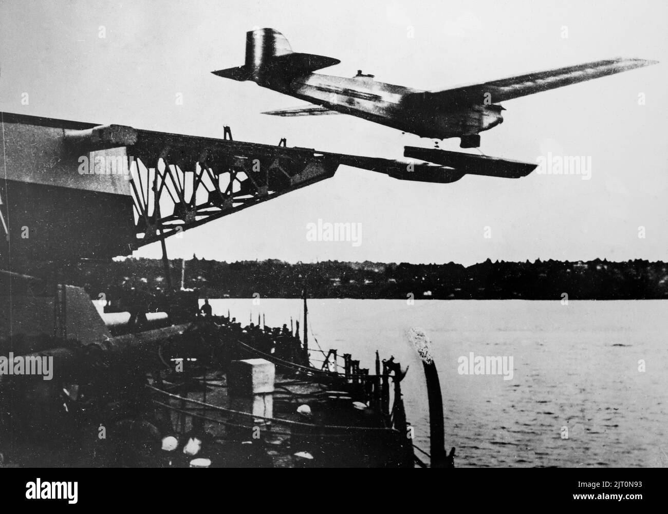 An early 1930s vintage black and white photograph showing Italian Macchi M.C.72 Seaplane being launched. Stock Photo