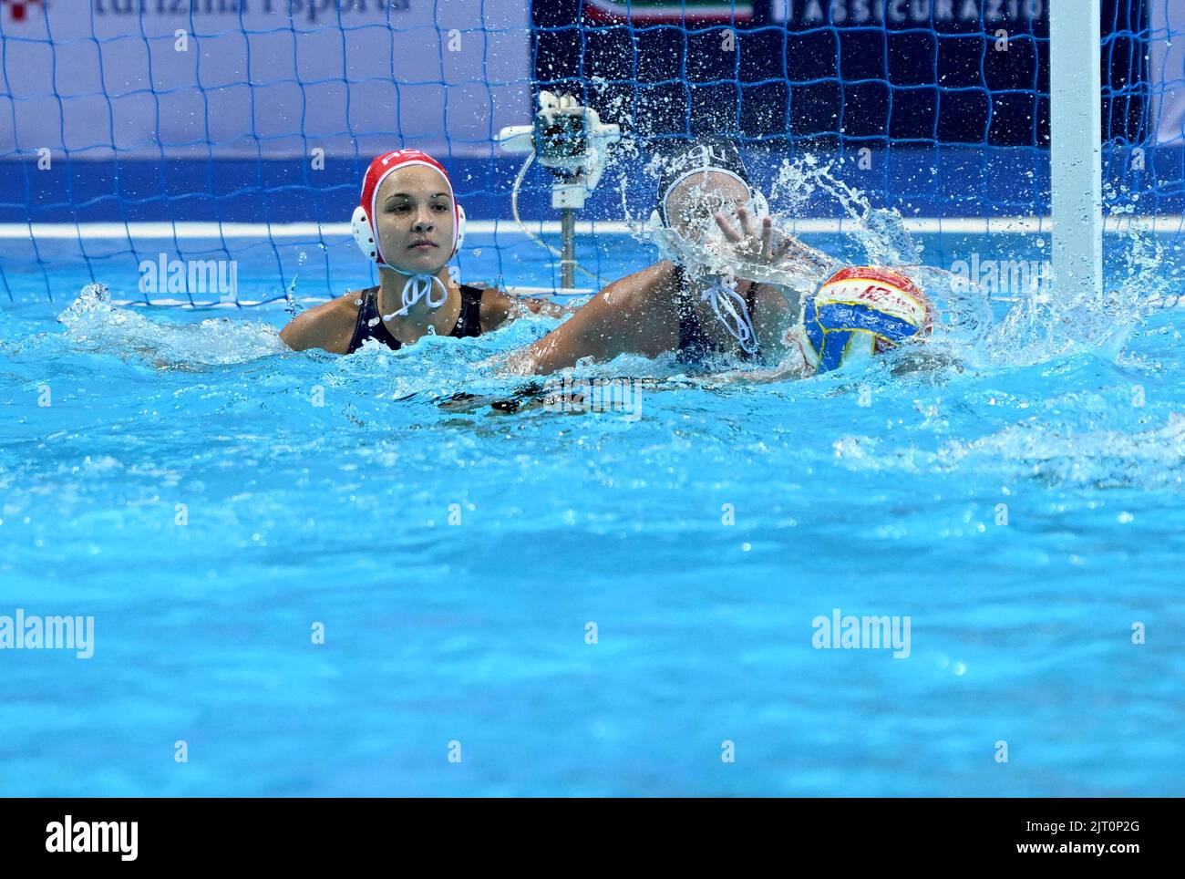SPLIT, CROATIA - AUGUST 27: Goalkeeper Mariia Dvorzhetska and Anastasiia Melnychuk of Romania during the 35 Len European Championship Split 2022 Woman's Water Polo match between Germany and Romania at Spaladium Arena on August 27, 2022 in Split, Croatia. Photo: Marko Lukunic/PIXSELL Stock Photo
