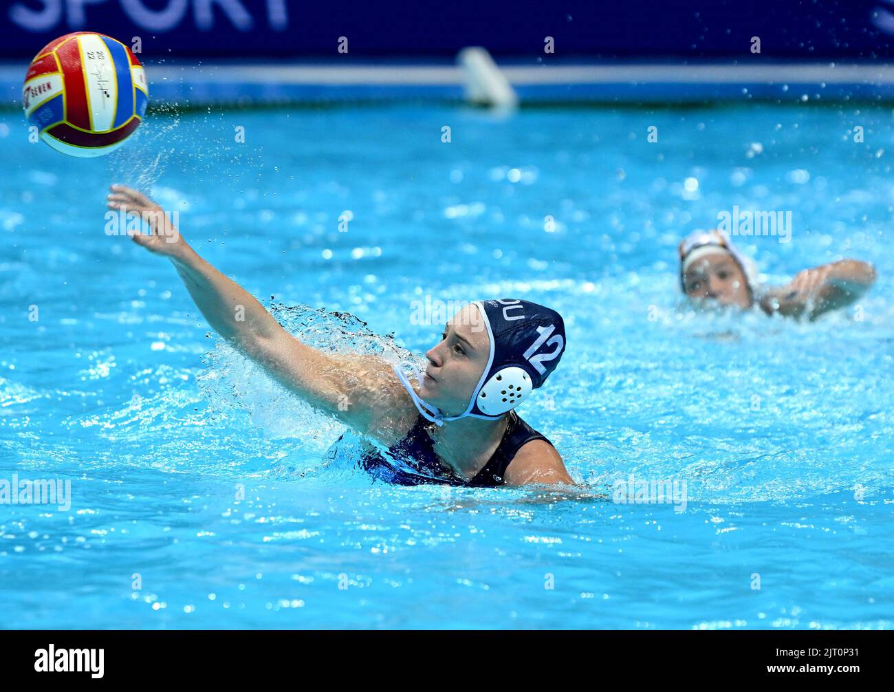 SPLIT, CROATIA - AUGUST 27: Anastasiia Melnychuk of Romania during the 35 Len European Championship Split 2022 Woman's Water Polo match between Germany and Romania at Spaladium Arena on August 27, 2022 in Split, Croatia. Photo: Marko Lukunic/PIXSELL Stock Photo