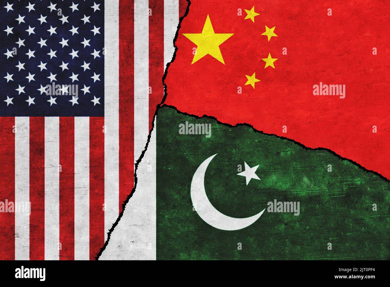 USA, Pakistan and China painted flags on a wall with a crack. United States of America, China and Pakistan relations Stock Photo