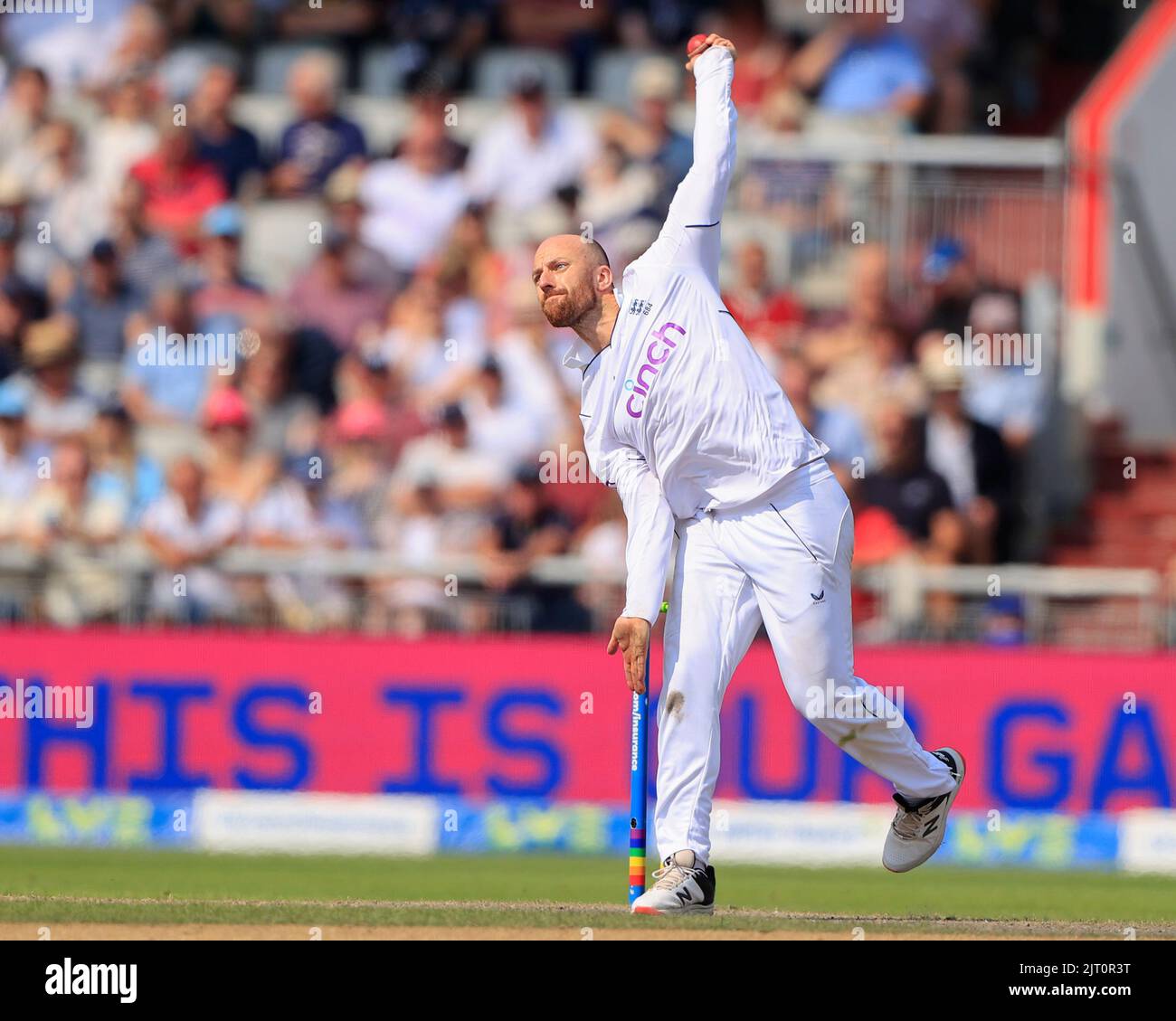 Jack Leach bowling for England Stock Photo Alamy