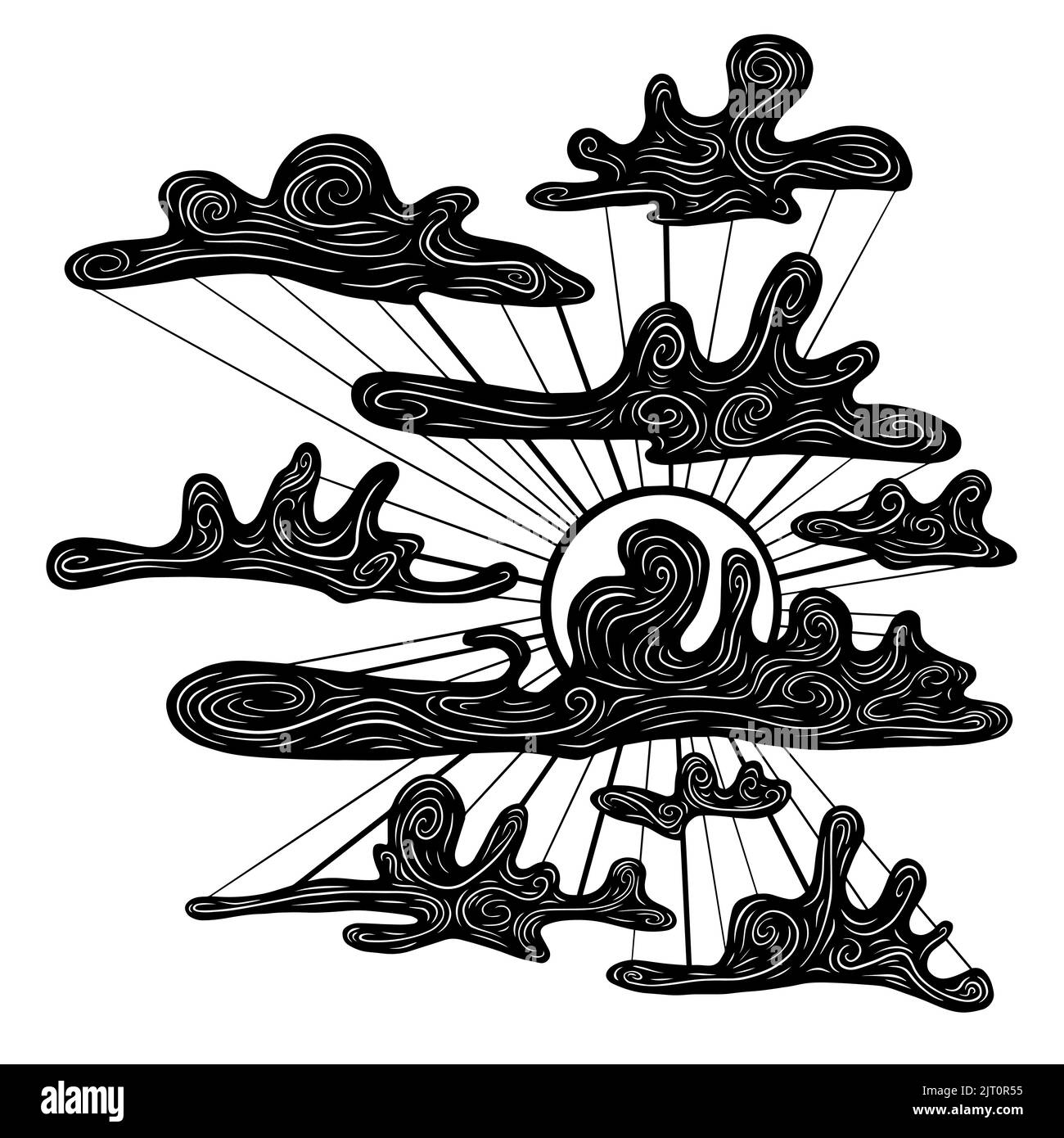 Hand drawn clouds and sun on white background. Vector illustration ...