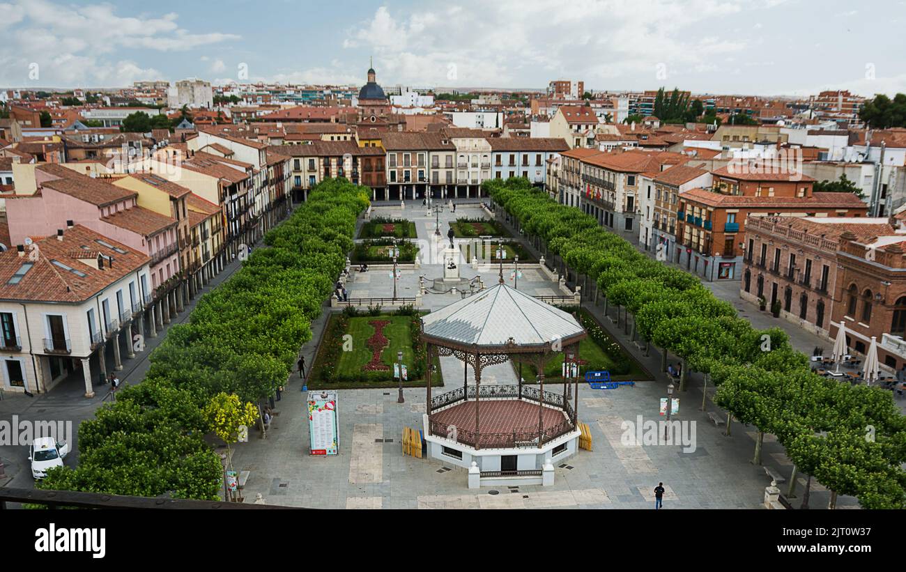 Alcalá de Henares, Spain - June 18, 2022: Cervantes Square seen from the top of the Santa Maria Tower in Alcalá de Henares Stock Photo