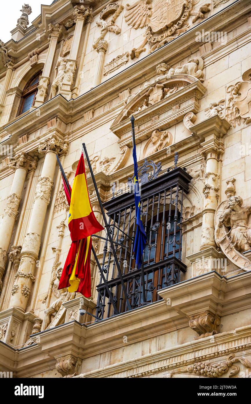 Detail of a grated window on the facade of the College of Saint Ildefonso, seat of the University of Alcalá de Henares Stock Photo