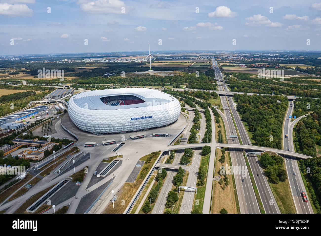 Aerial view of football stadium Allianz Arena. It designed by Herzog  de Meuron and ArupSport. MUNICH, GERMANY - AUGUST 2022 Stock Photo