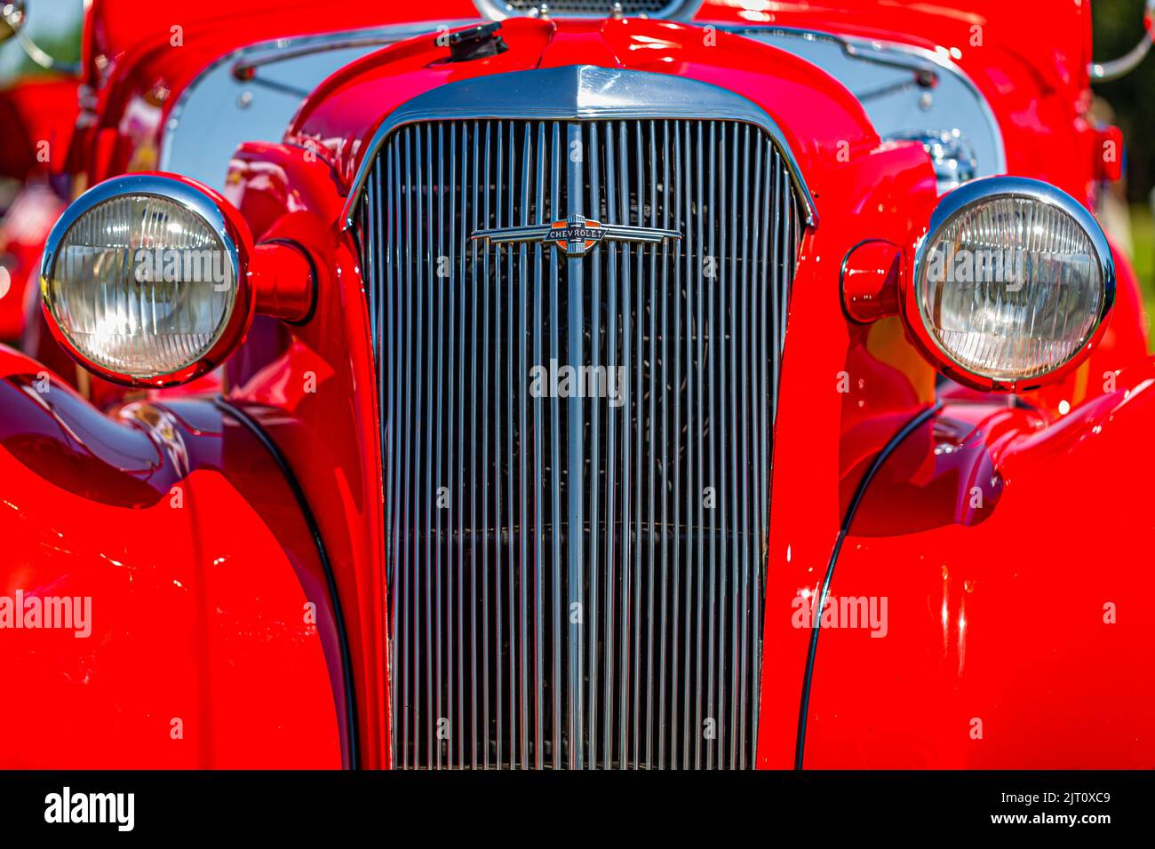 Statesboro, GA - May 17, 2014: Shallow depth of field closeup of the front trim detail on a 1937 Chevrolet Master Deluxe Coupe. Stock Photo