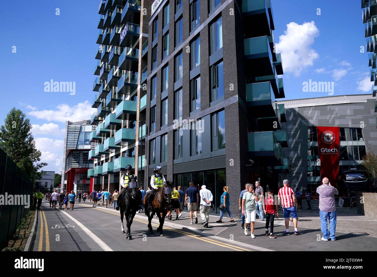 Mounted police on patrol ahead of the Premier League match at the Gtech ...