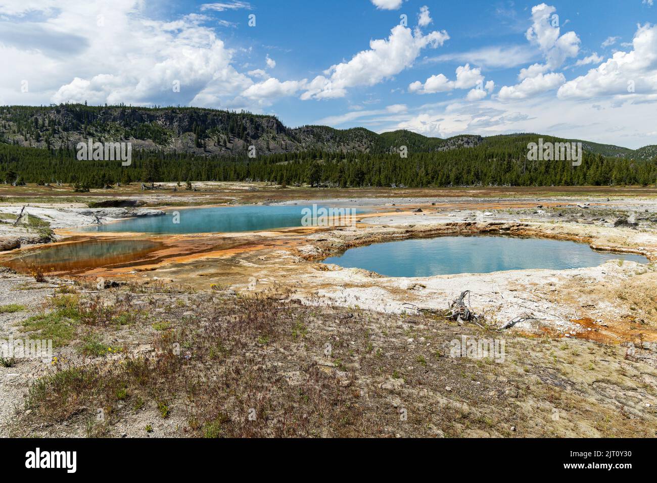 Black Opal Pool and Black Diamond Pool in Yellowstone's Biscuit Basin, Yellowstone National Park, Wyoming, USA Stock Photo