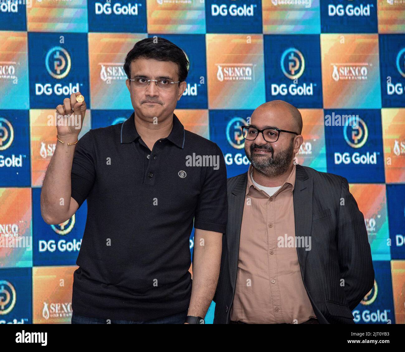 Kolkata, India. 26th Aug, 2022. Senco Gold & Diamonds, the largest organized jewellery retailer in Eastern India (based on number of stores) announced the launch of a new campaign starring ex-Indian cricketer & captain Sourav Ganguly (presently BCCI president) for its online gold transaction platform named DG Gold at Park Hotel. (Credit Image: © Amlan Biswas/Pacific Press via ZUMA Press Wire) Stock Photo