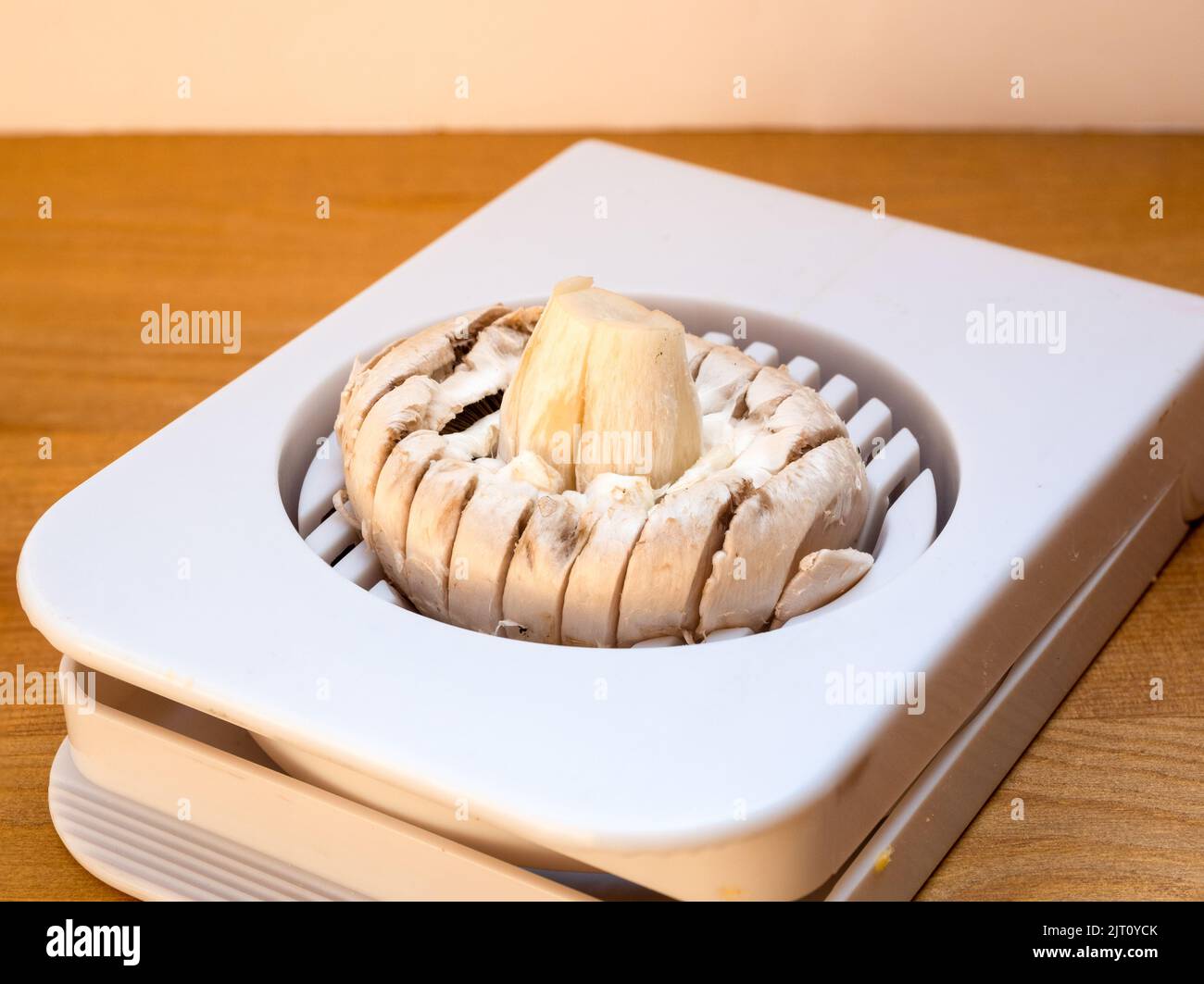 a closed cup mushroom in an  Egg slicer on wooden background Stock Photo