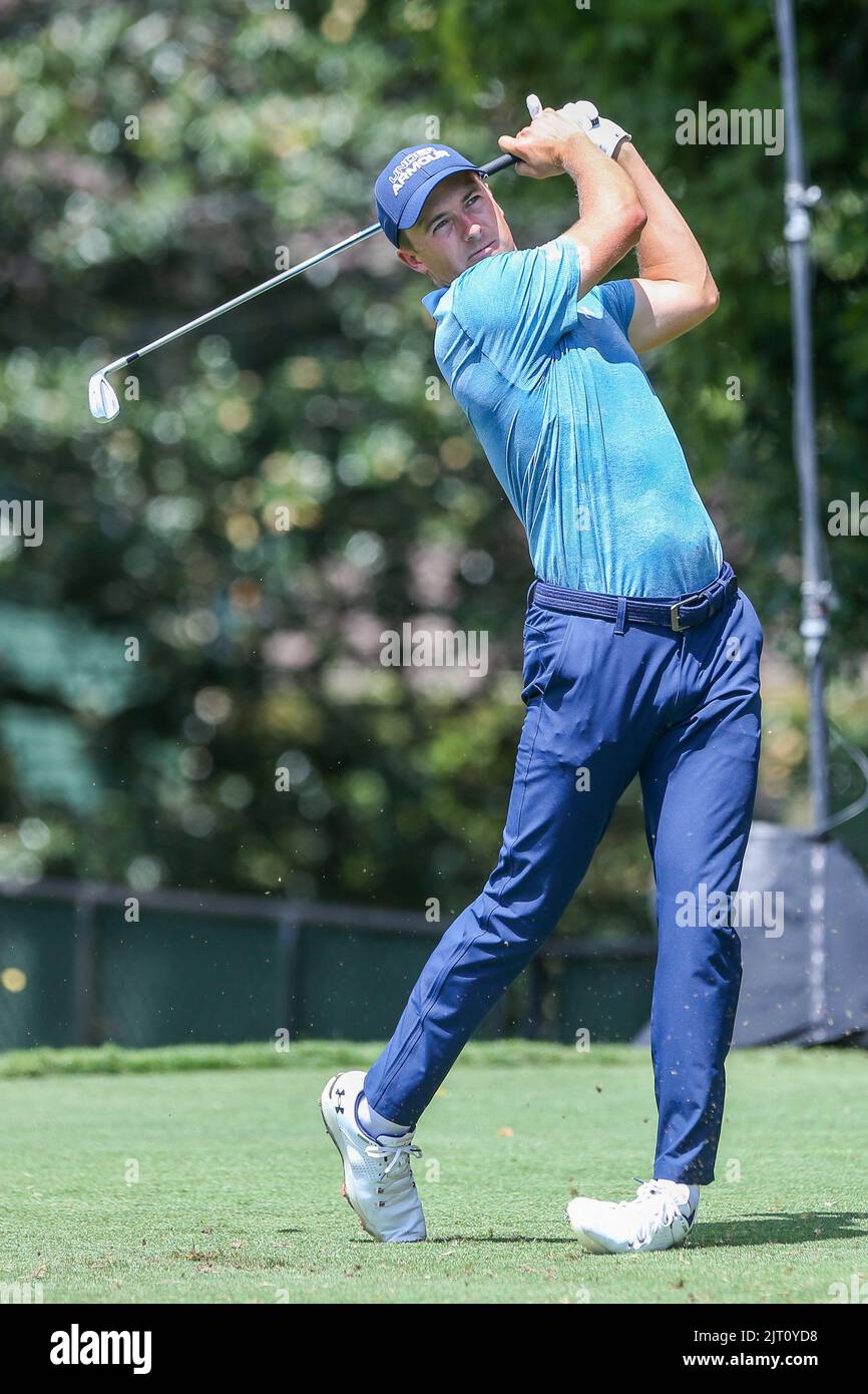 Atlanta, Georgia, USA. 26th Aug, 2022. Jordan Spieth tees off the 2nd hole during the second round of the TOUR Championship at East Lake Golf Club. (Credit Image: © Debby Wong/ZUMA Press Wire) Stock Photo