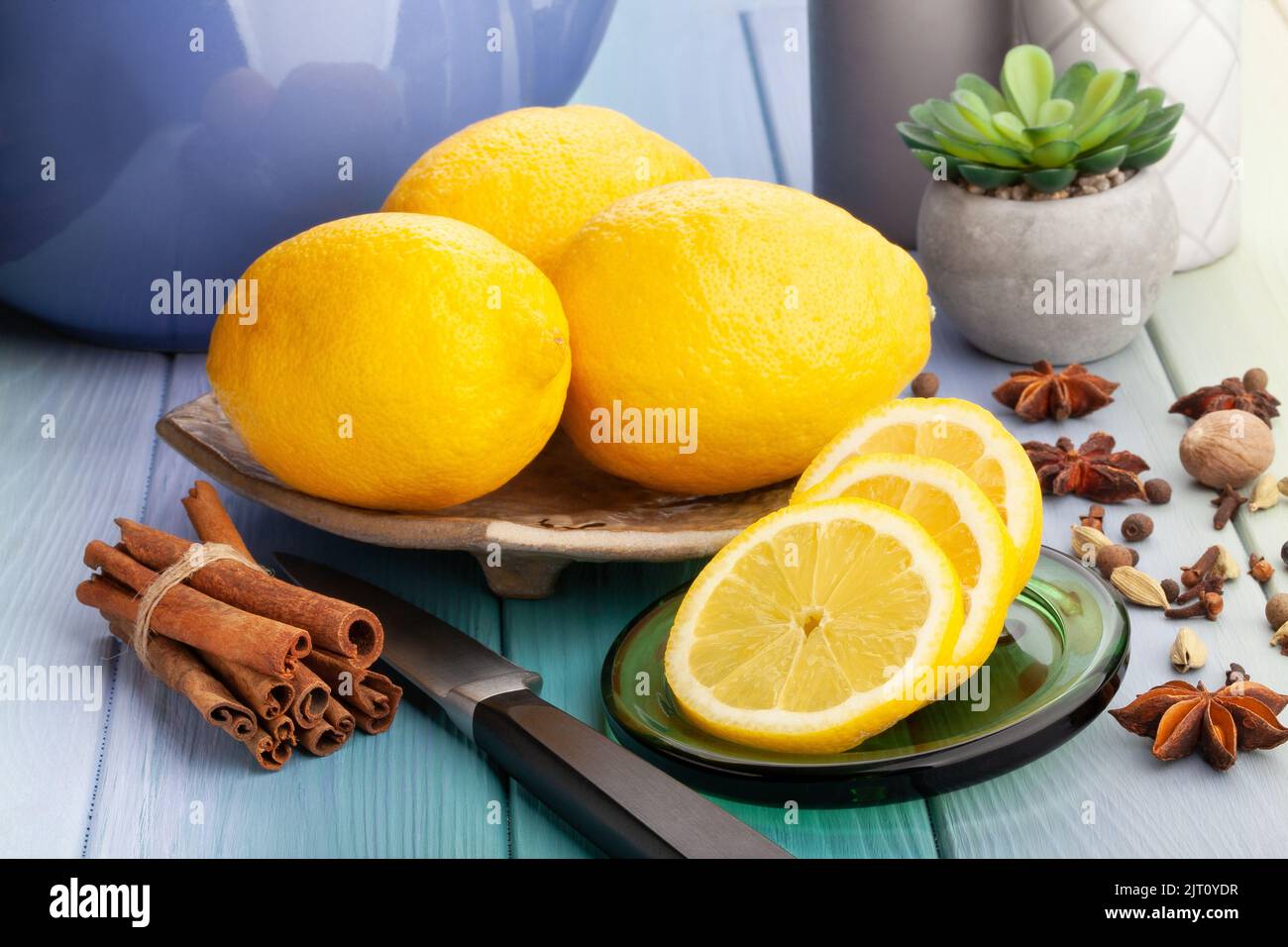 sliced lemon on wood background Stock Photo
