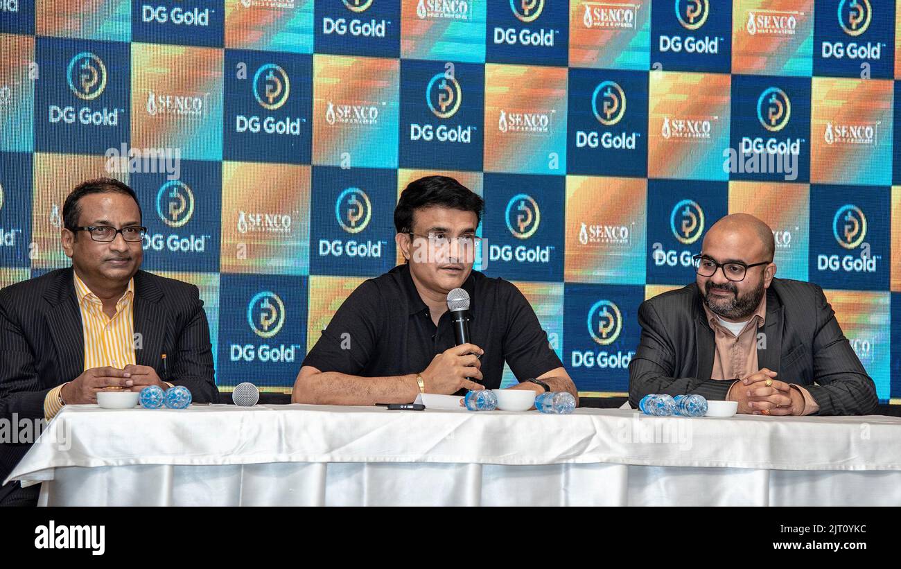 Kolkata, India. 26th Aug, 2022. Senco Gold & Diamonds, the largest organized jewellery retailer in Eastern India (based on number of stores) announced the launch of a new campaign starring ex-Indian cricketer & captain Sourav Ganguly (presently BCCI president) for its online gold transaction platform named DG Gold at Park Hotel. (Credit Image: © Amlan Biswas/Pacific Press via ZUMA Press Wire) Stock Photo