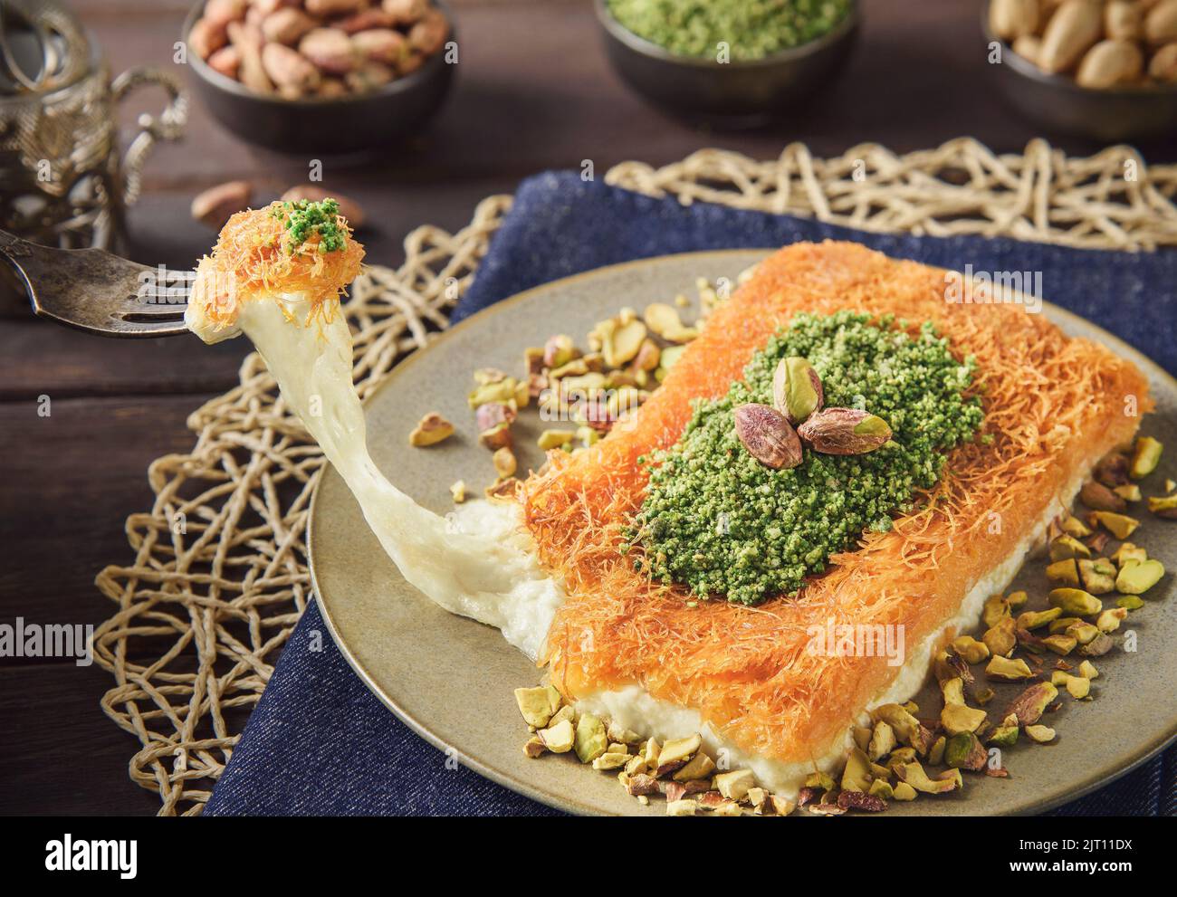 Arabic Cuisine; Traditional Middle Eastern Cheese Kunafa Dessert Stock