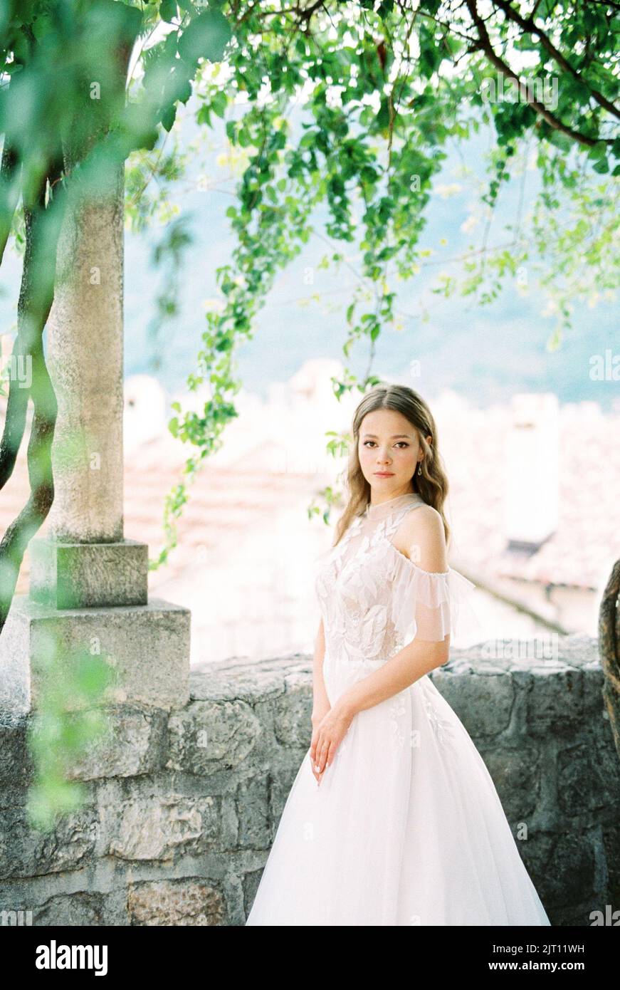 Bride in a white dress stands in a stone gazebo Stock Photo - Alamy