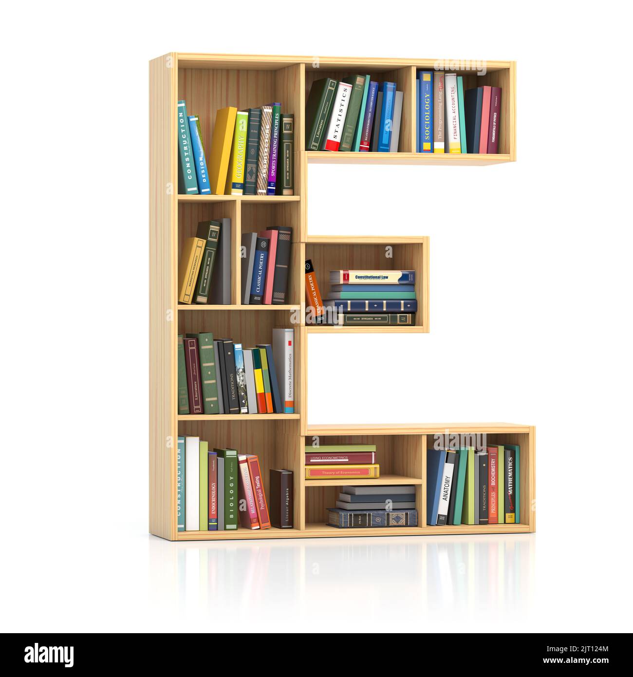 Letter E in form of bookshelf with book and texbooks. Educational and learning conceptual font and alphabet. 3d illustration Stock Photo