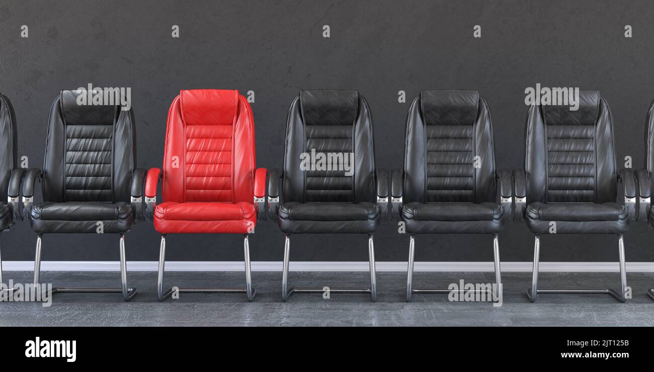Red chair in a row of black chairs in an office. Business, leadership, recruiting and employment concept. 3d illustration Stock Photo