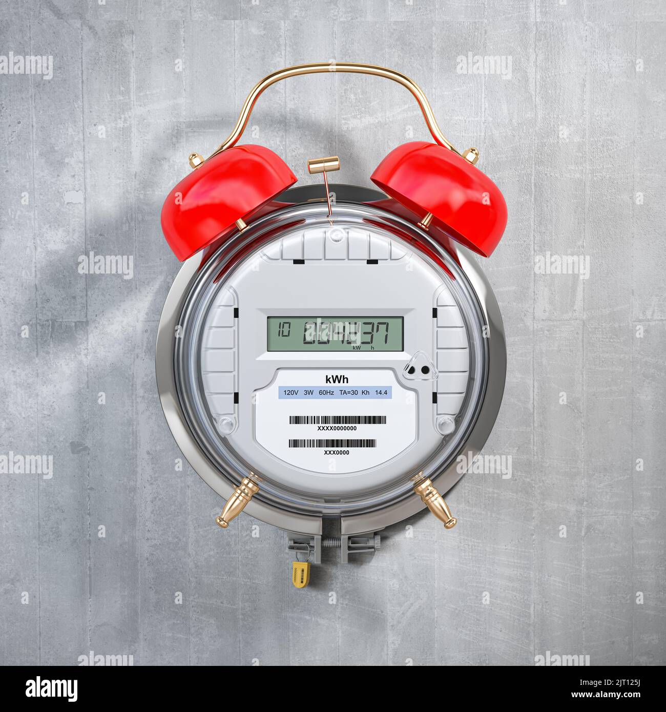 Electric meter wiith alarm clock. Time to pay utility bills and debt for electricity consumption concept. 3d illustration Stock Photo