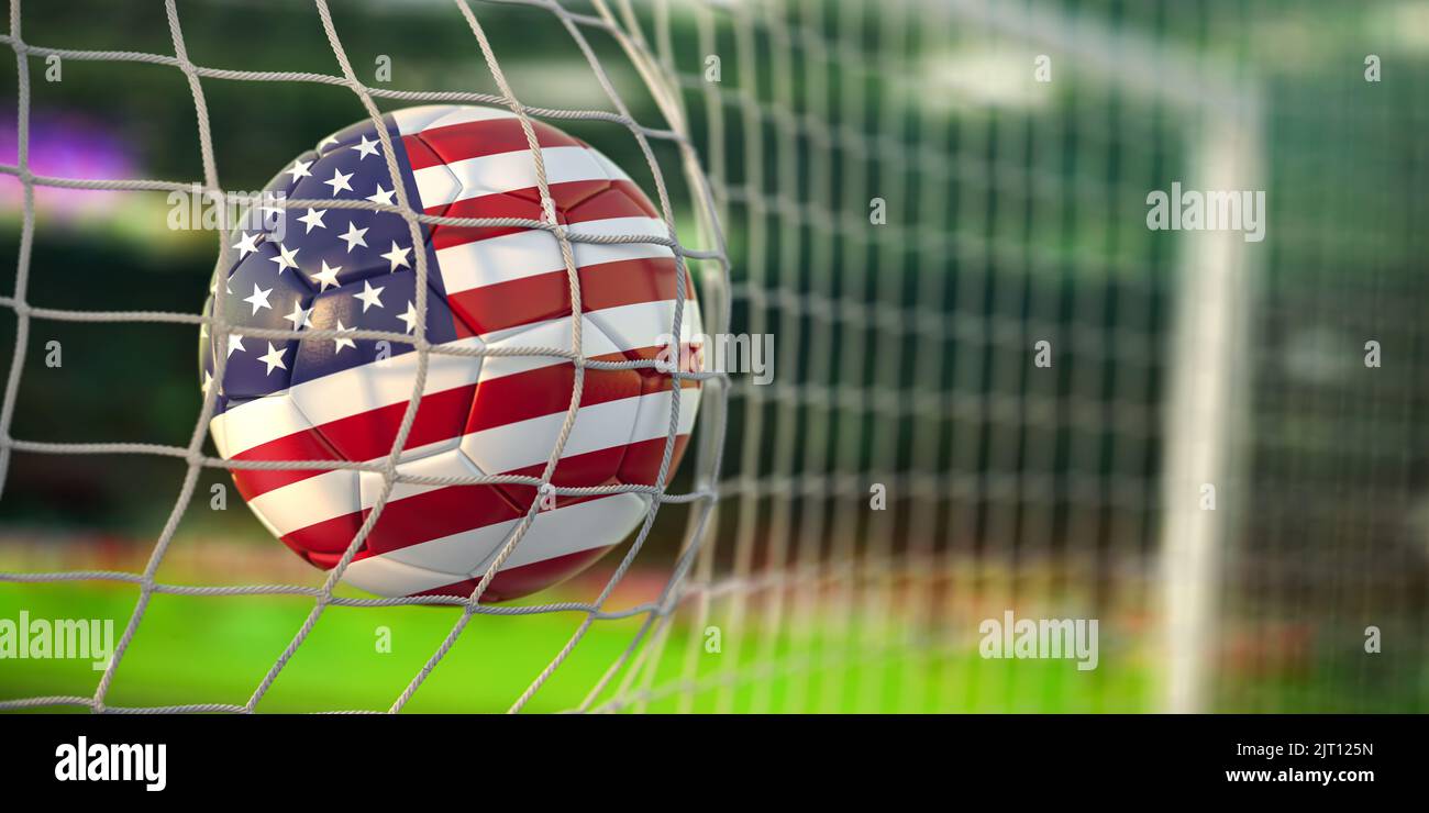 Football ball with flag of USA in the net of goal of football stadium. Football championship of United States concept. 3d illustration Stock Photo