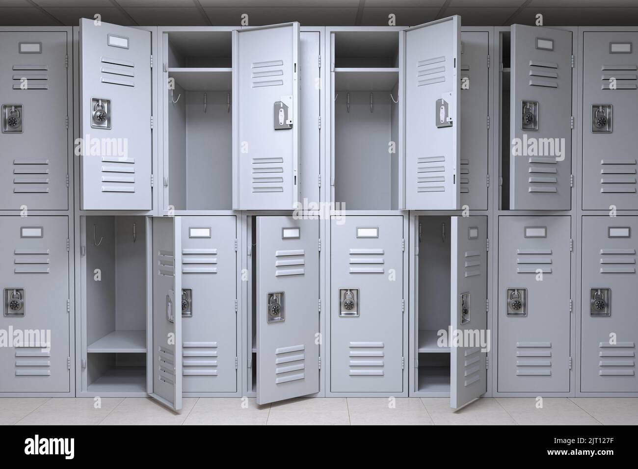 School or gym locker room with open and closed doors. 3d illustration Stock Photo