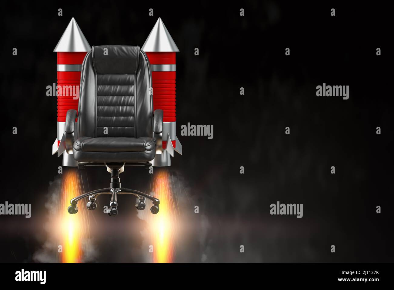 Flying office chair with burning rocket. Start up, career opportunities concept. 3d illustration Stock Photo