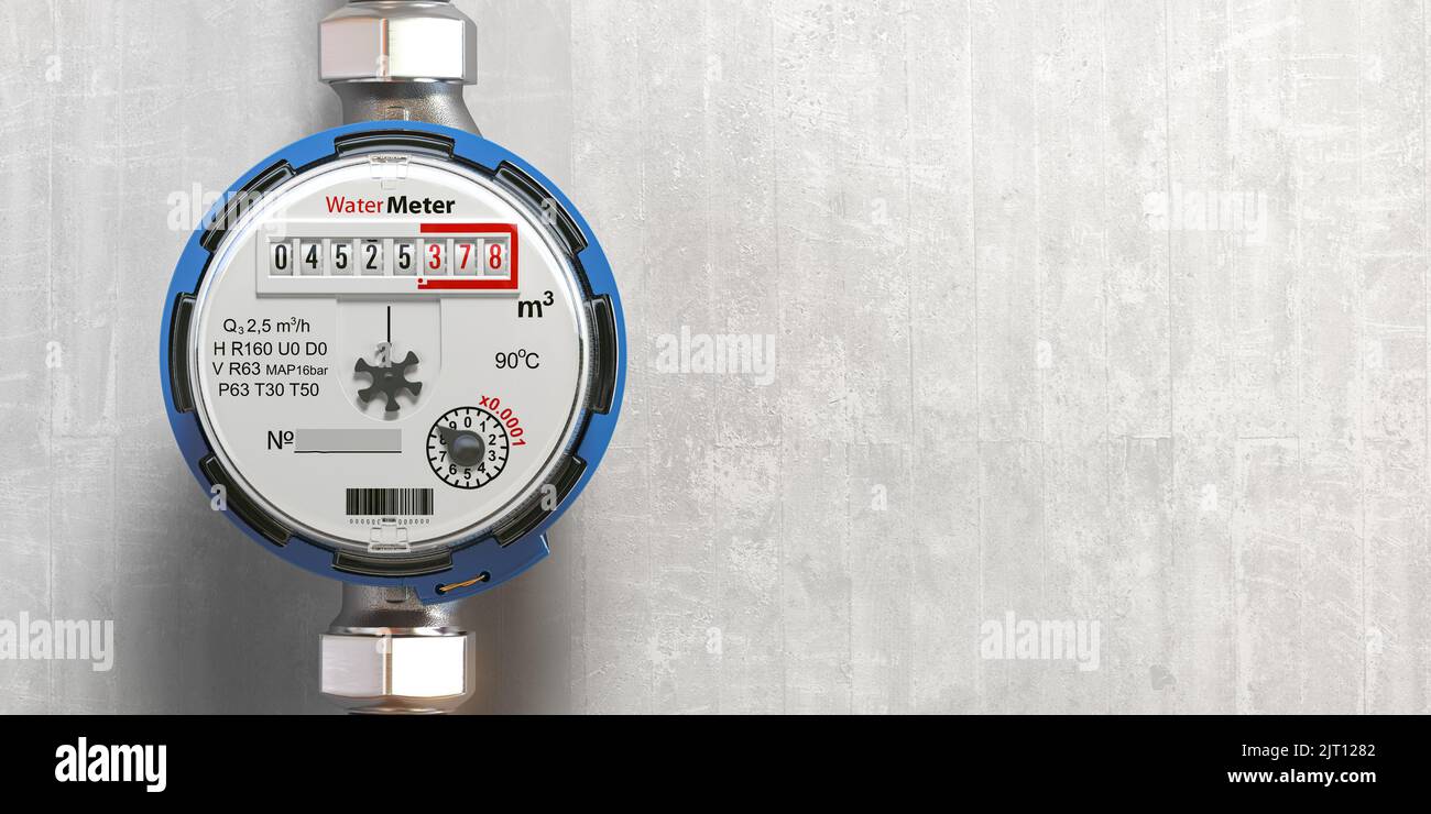 Water meter or counter on wall. Water consumption measuring. 3d illustration Stock Photo