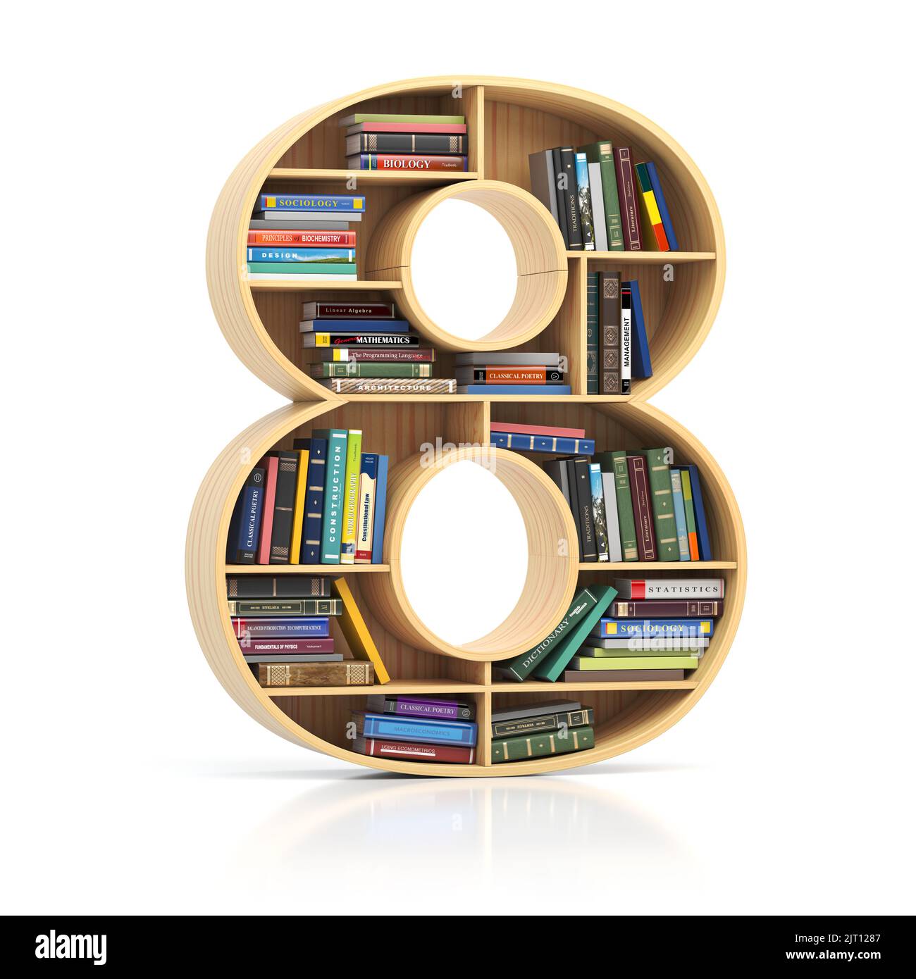 Number 8 eight in form of bookshelf with book and texbooks. Educational and learning conceptual font and alphabet. 3d illustration Stock Photo