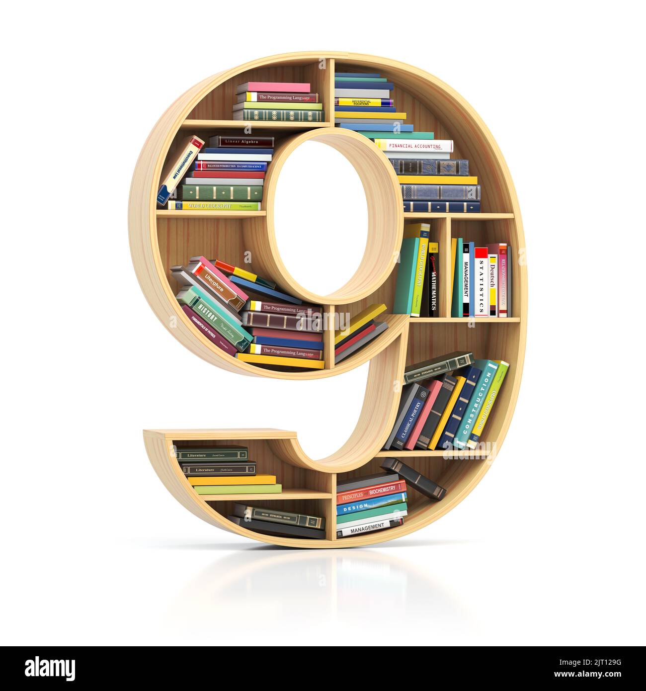 Number 9 nine in form of bookshelf with book and texbooks. Educational and learning conceptual font and alphabet. 3d illustration Stock Photo