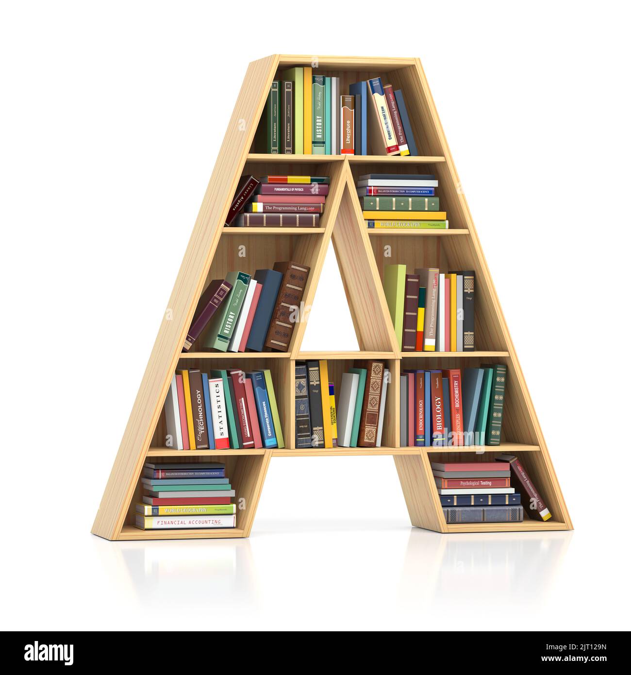 Letter A in form of bookshelf with book and texbooks. Educational and learning conceptual font and alphabet. 3d illustration Stock Photo
