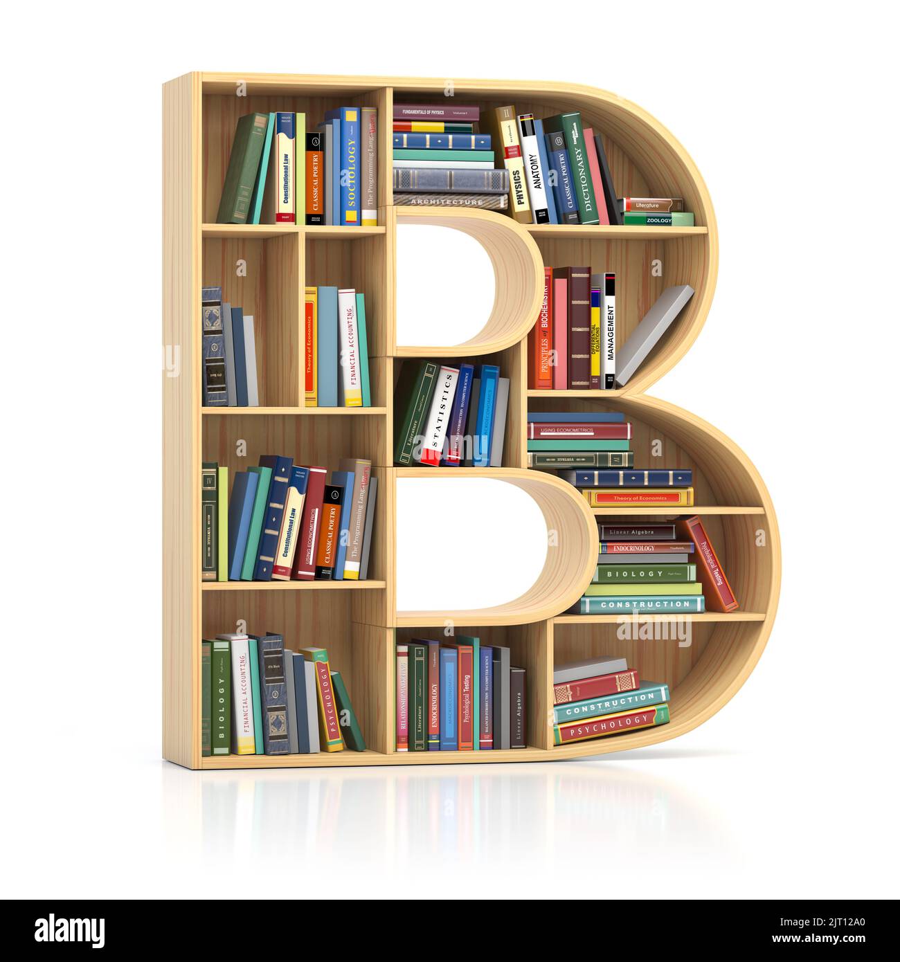 Letter B in form of bookshelf with book and texbooks. Educational and learning conceptual font and alphabet. 3d illustration Stock Photo