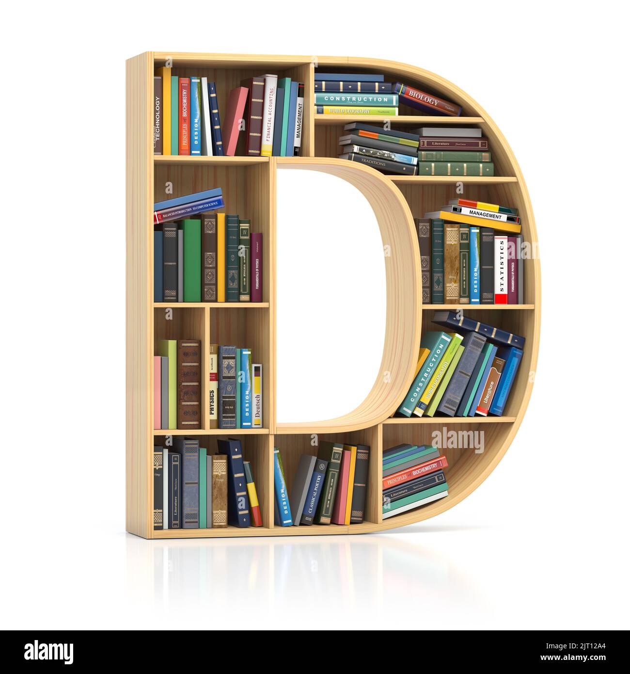 Letter D in form of bookshelf with book and texbooks. Educational and learning conceptual font and alphabet. 3d illustration Stock Photo