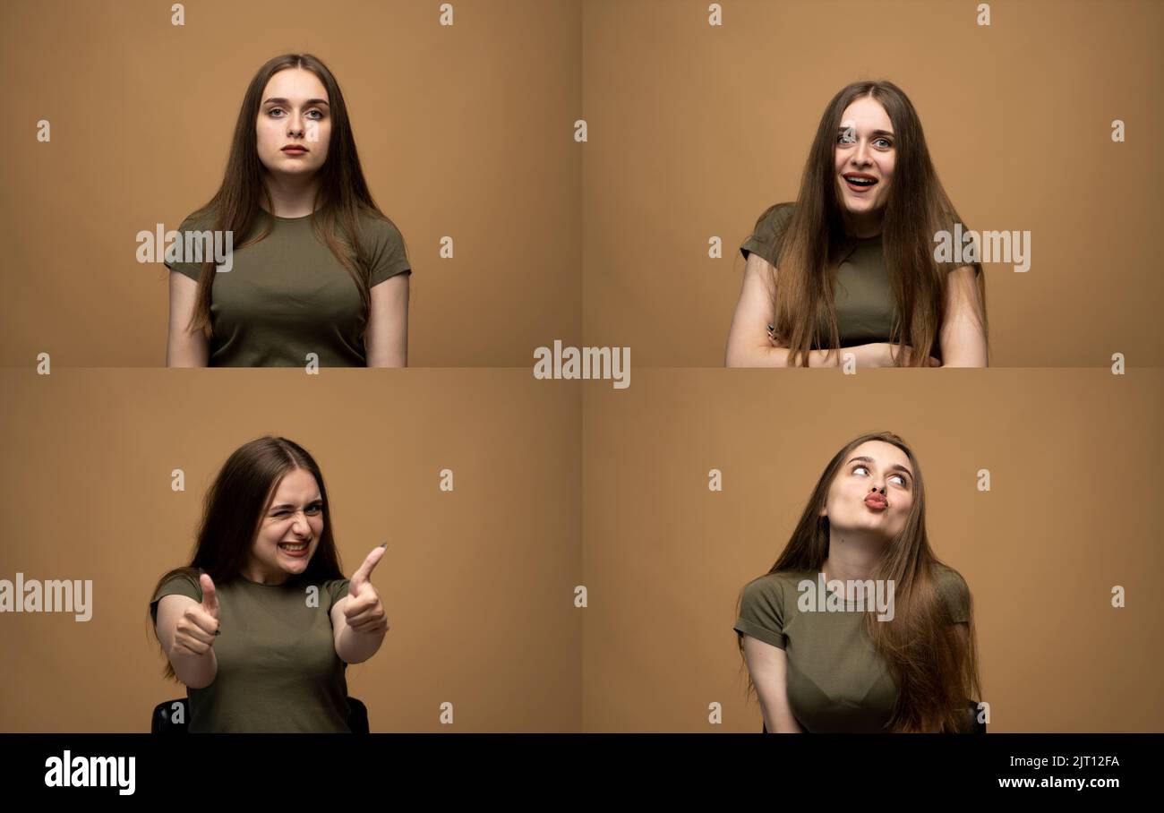 Set of young woman's portraits with different emotions. Stock Photo