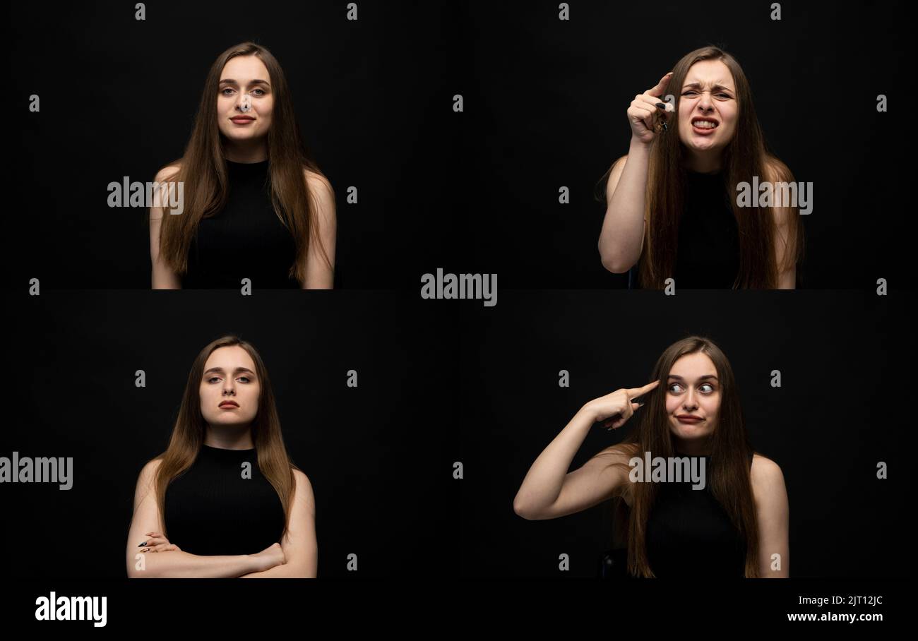 Set of young brunette girl woman in a black t-shirt posing with many different facial expressions in a black room. Collage with emotions. Sad, Happy Stock Photo