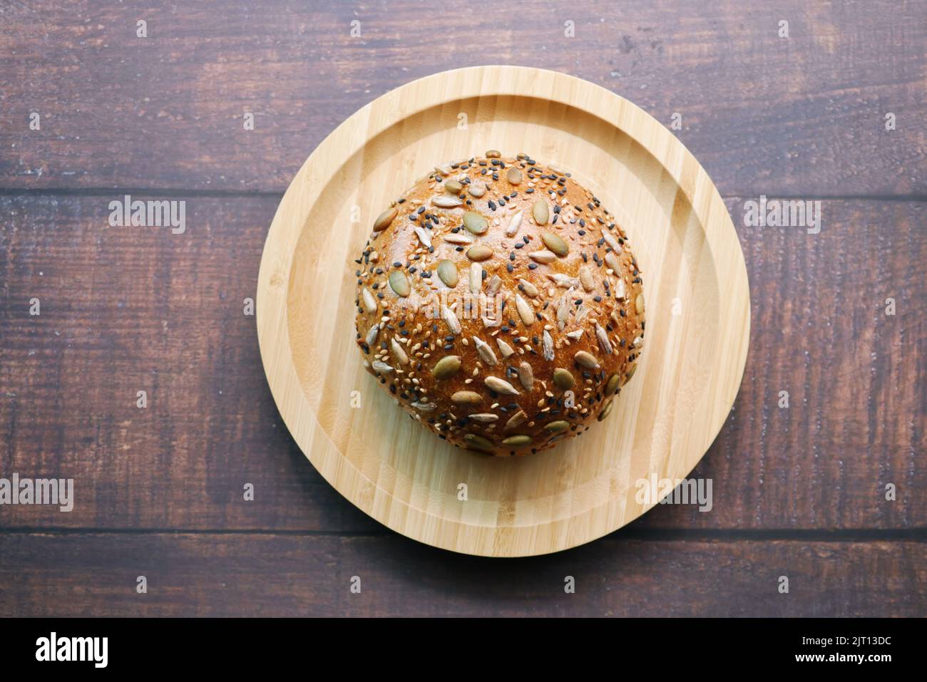 top view of sunflower seed baked bread on table  Stock Photo