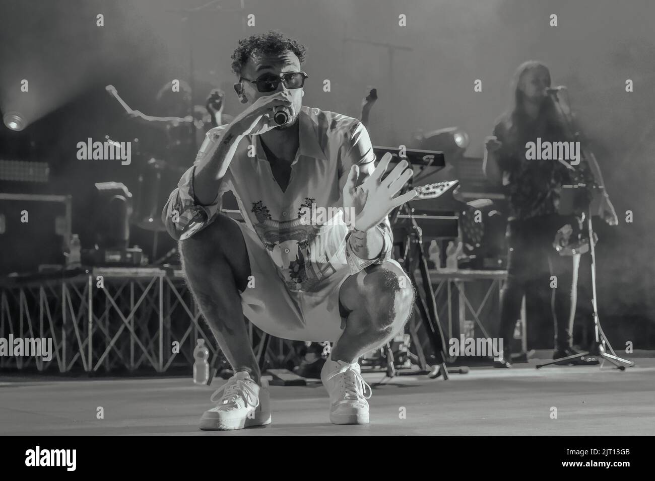 Modena, Italy. 26th Aug, 2022. The italian singer Carl Brave alias as Carlo Luigi Coraggio during his live performs in Modena, Arena sul Lago for his summer tour 2022 Credit: Roberto Tommasini/Alamy Live News Stock Photo