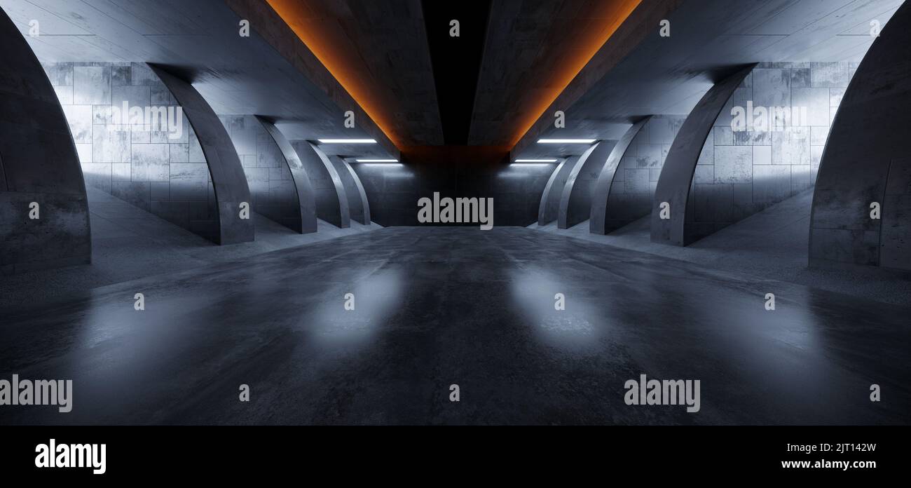 Sci Fi Futuristic Spaceship Showroom Hangar Studio Concrete Hallway Cement Asphalt Dark Realistic Basement Underground Bunker 3D Rendering Illustratio Stock Photo