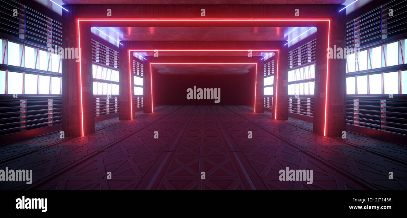 Sci Fi Futuristic Cyber Alien Spaceship Laser Red Glowing Frames Metal Floor Underground Basement Corridor Tunnel Dark Showroom Hallway 3D Rendering I Stock Photo