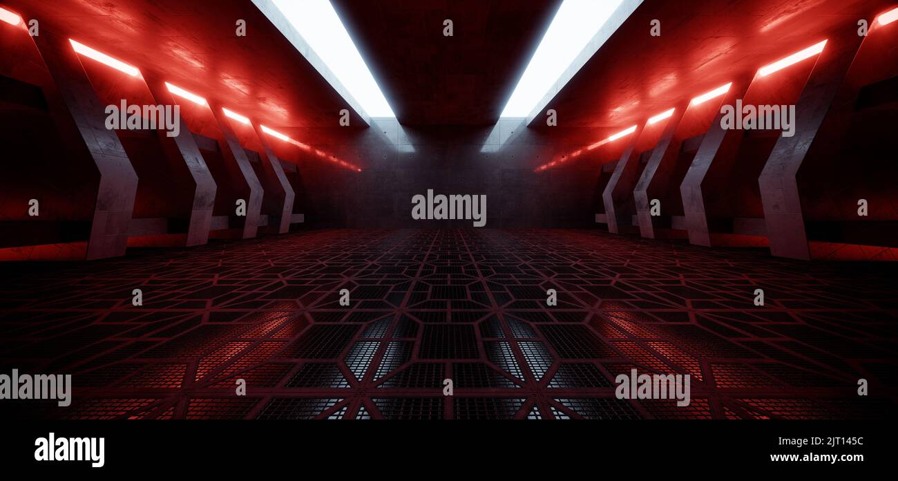 Sci Fi Futuristic Cyber Alien Spaceship Laser Red Glowing Lines Metal Mesh Floor Concrete Columns Corridor Tunnel Dark Showroom Hallway 3D Rendering I Stock Photo
