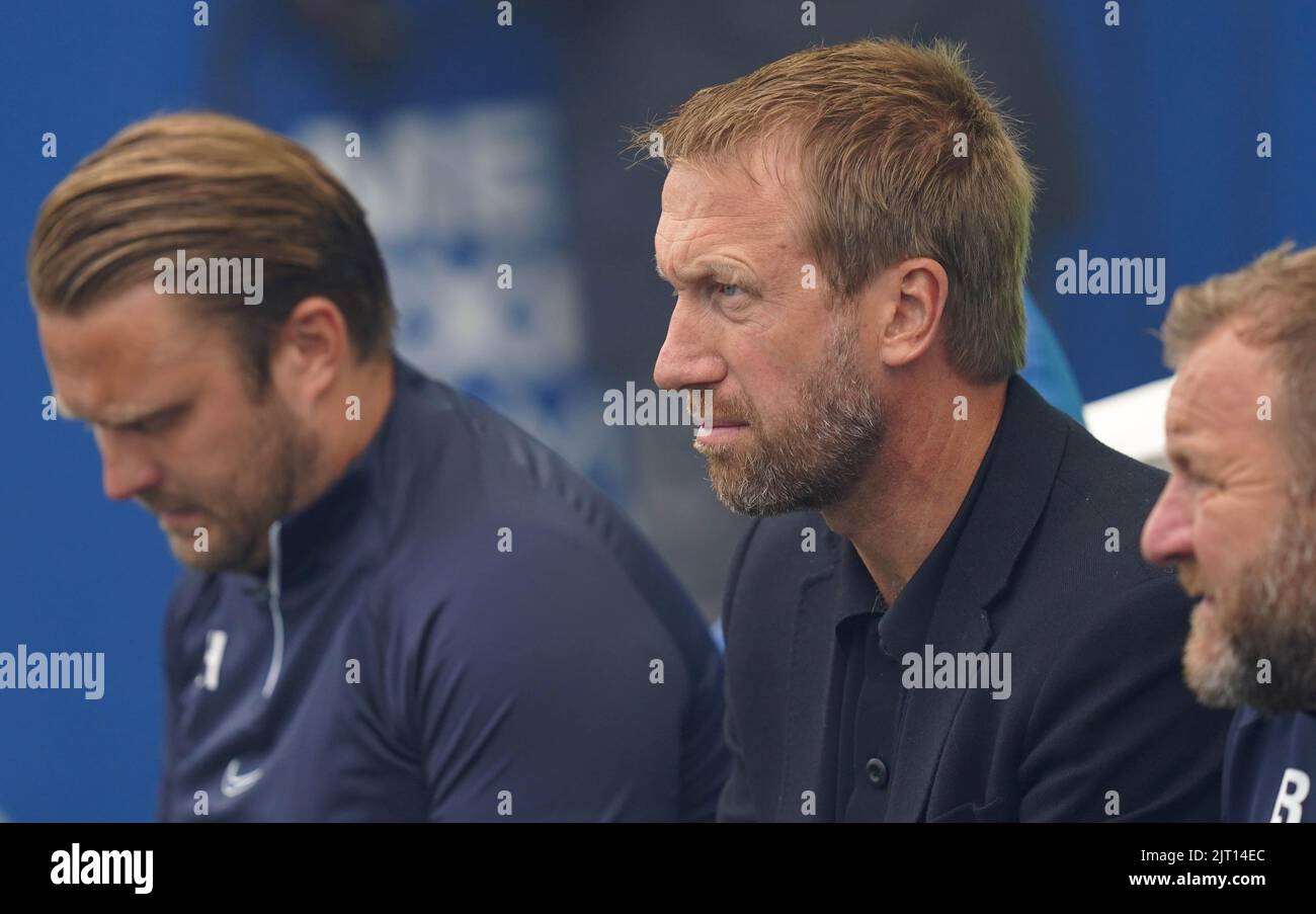 Brighton and Hove Albion manager Graham Potter (centre) during the Premier League match at the AMEX Stadium, Brighton. Picture date: Saturday August 27, 2022. Stock Photo