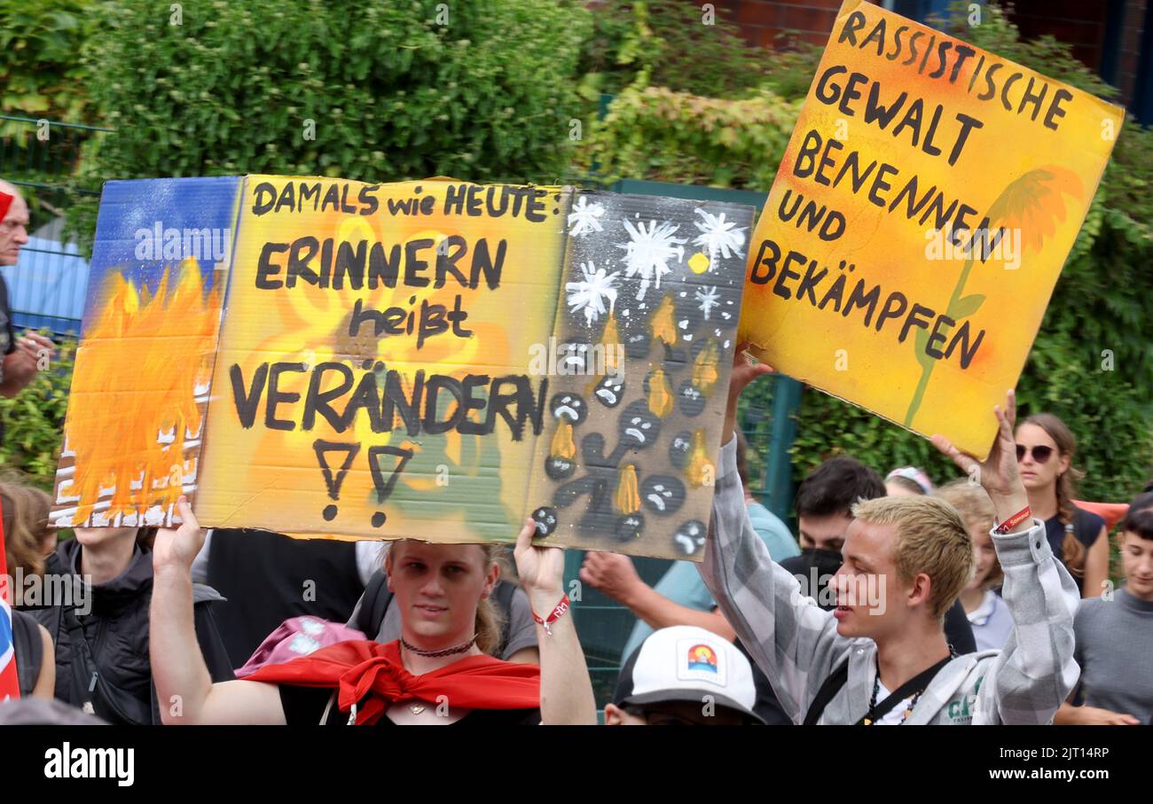 Rostock, Germany. 27th Aug, 2022. At a demonstration 30 years after the